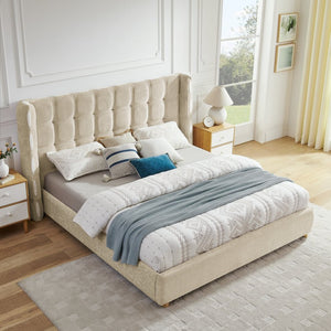 English Elm King Wingback Storage Bed Chenille Upholstered Gas Lift Platform with Tufted Headboard Khaki W1413S00215