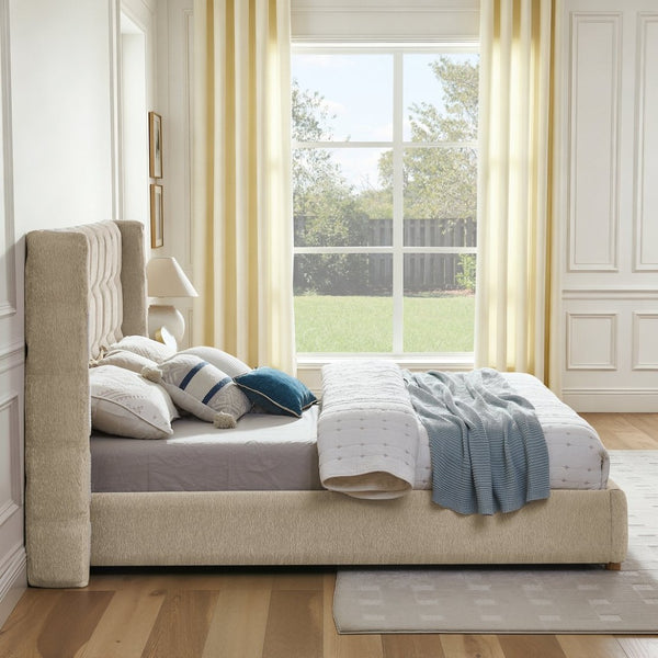 English Elm King Wingback Storage Bed Chenille Upholstered Gas Lift Platform with Tufted Headboard Khaki W1413S00215