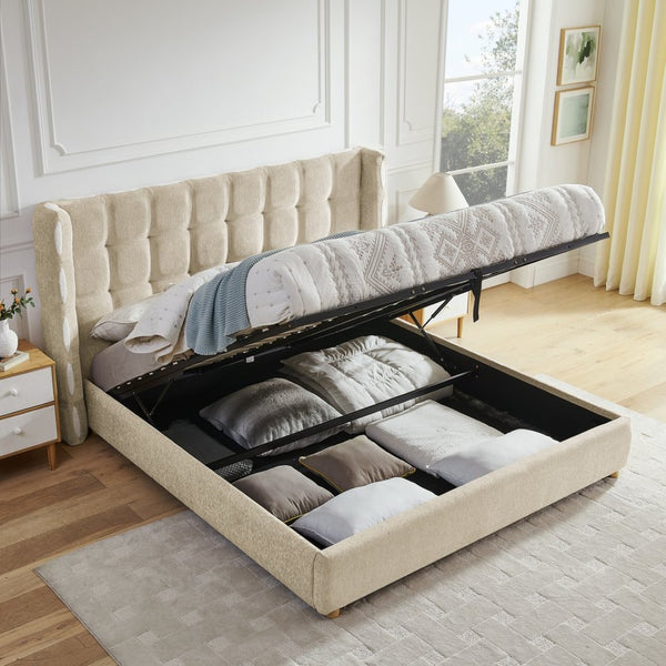 English Elm King Wingback Storage Bed Chenille Upholstered Gas Lift Platform with Tufted Headboard Khaki W1413S00215