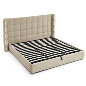 English Elm King Wingback Storage Bed Chenille Upholstered Gas Lift Platform with Tufted Headboard Khaki W1413S00215