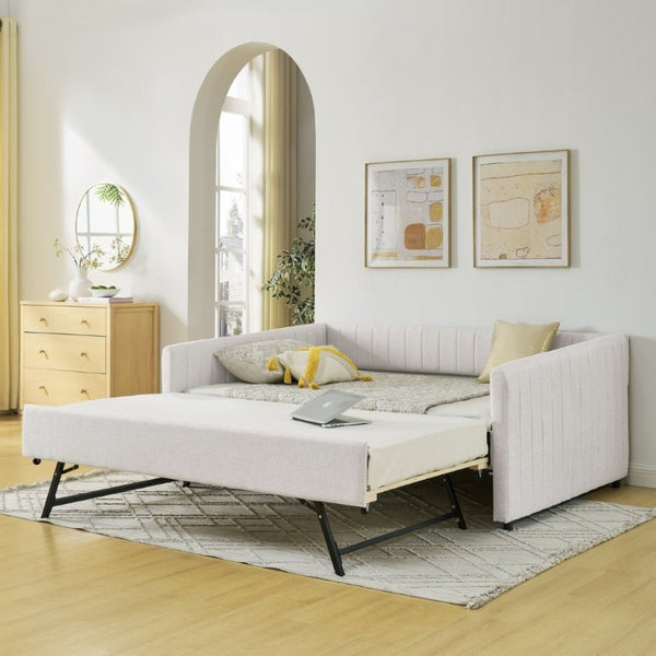 English Elm Full Size Linen Upholstered Daybed with Trundle Striped Sofa Sleeper for Guest Rooms W1413S00216