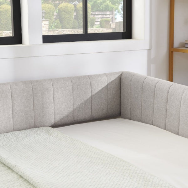 English Elm Full Size Linen Upholstered Daybed with Trundle Striped Sofa Sleeper for Guest Rooms W1413S00216