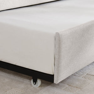 English Elm Full Size Linen Upholstered Daybed with Trundle Striped Sofa Sleeper for Guest Rooms W1413S00216