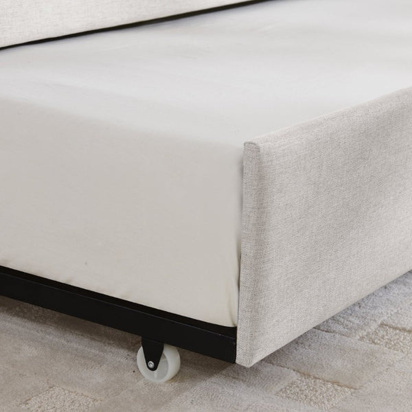 English Elm Full Size Linen Upholstered Daybed with Trundle Striped Sofa Sleeper for Guest Rooms W1413S00216