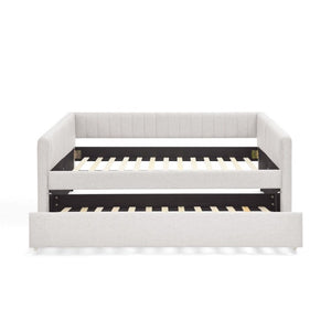 English Elm Full Size Linen Upholstered Daybed with Trundle Striped Sofa Sleeper for Guest Rooms W1413S00216