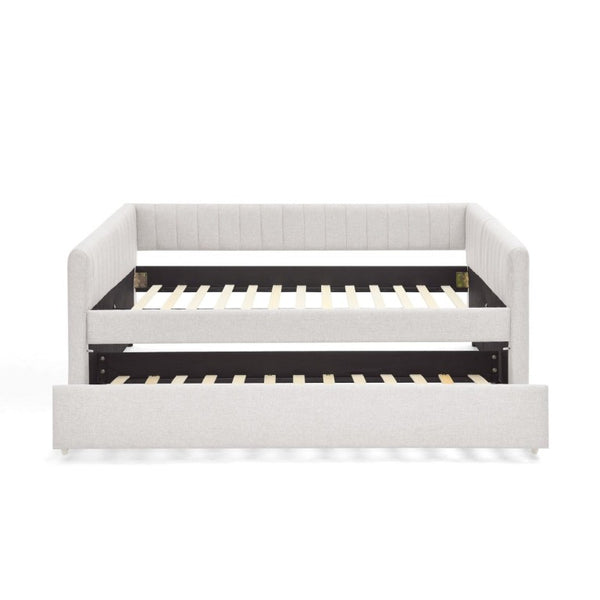 English Elm Full Size Linen Upholstered Daybed with Trundle Striped Sofa Sleeper for Guest Rooms W1413S00216