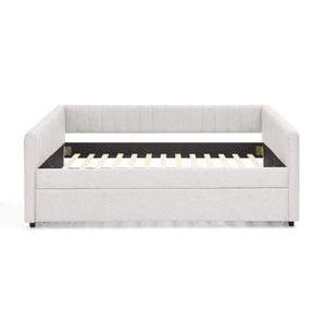 English Elm Full Size Linen Upholstered Daybed with Trundle Striped Sofa Sleeper for Guest Rooms W1413S00216