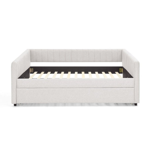 English Elm Full Size Linen Upholstered Daybed with Trundle Striped Sofa Sleeper for Guest Rooms W1413S00216