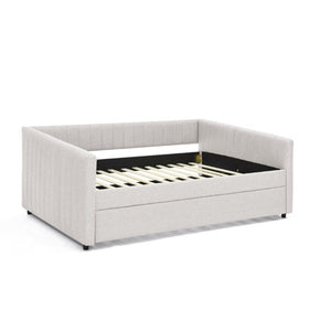 English Elm Full Size Linen Upholstered Daybed with Trundle Striped Sofa Sleeper for Guest Rooms W1413S00216