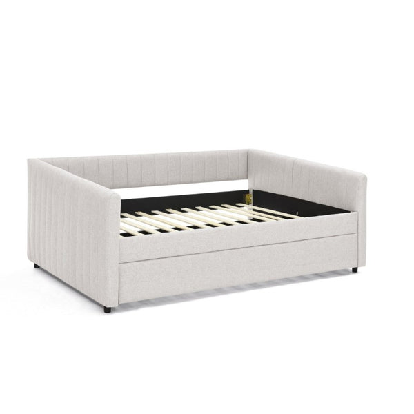 English Elm Full Size Linen Upholstered Daybed with Trundle Striped Sofa Sleeper for Guest Rooms W1413S00216