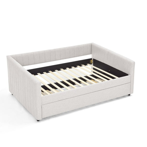 English Elm Full Size Linen Upholstered Daybed with Trundle Striped Sofa Sleeper for Guest Rooms W1413S00216