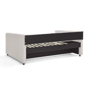 English Elm Full Size Linen Upholstered Daybed with Trundle Striped Sofa Sleeper for Guest Rooms W1413S00216