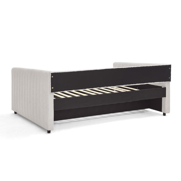 English Elm Full Size Linen Upholstered Daybed with Trundle Striped Sofa Sleeper for Guest Rooms W1413S00216
