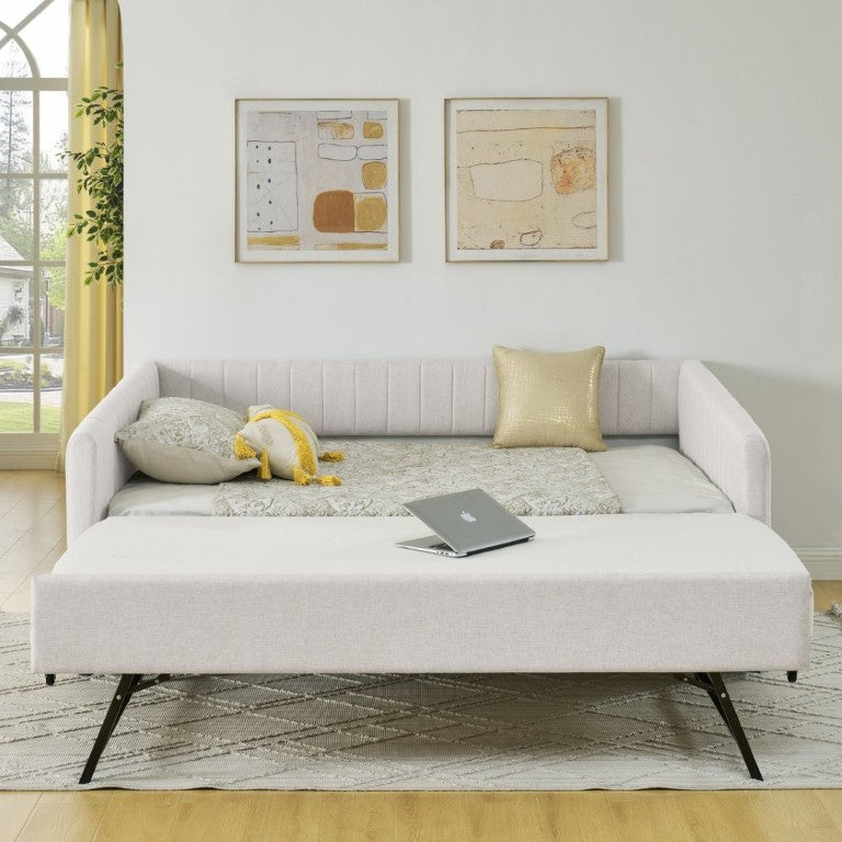 English Elm Full Size Linen Upholstered Daybed with Trundle Striped Sofa Sleeper for Guest Rooms W1413S00216