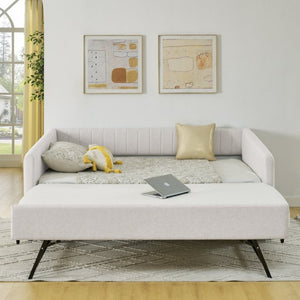 English Elm Full Size Linen Upholstered Daybed with Trundle Striped Sofa Sleeper for Guest Rooms W1413S00216