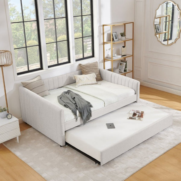 English Elm Full Size Linen Upholstered Daybed with Trundle Striped Sofa Sleeper for Guest Rooms W1413S00216