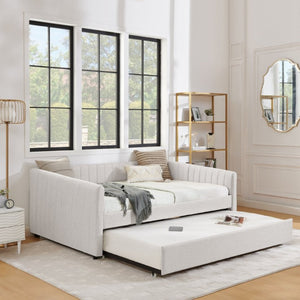 English Elm Full Size Linen Upholstered Daybed with Trundle Striped Sofa Sleeper for Guest Rooms W1413S00216