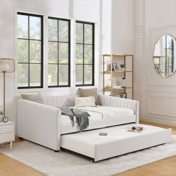 English Elm Full Size Linen Upholstered Daybed with Trundle Striped Sofa Sleeper for Guest Rooms W1413S00216