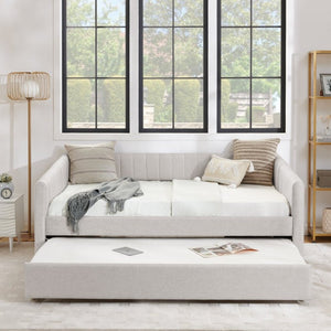 English Elm Full Size Linen Upholstered Daybed with Trundle Striped Sofa Sleeper for Guest Rooms W1413S00216