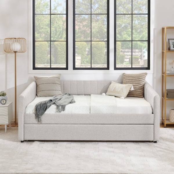 English Elm Full Size Linen Upholstered Daybed with Trundle Striped Sofa Sleeper for Guest Rooms W1413S00216
