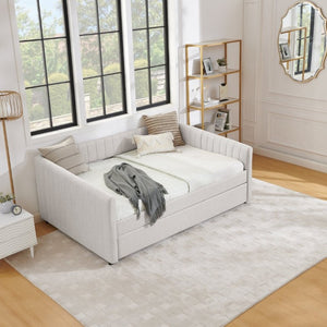 English Elm Full Size Linen Upholstered Daybed with Trundle Striped Sofa Sleeper for Guest Rooms W1413S00216