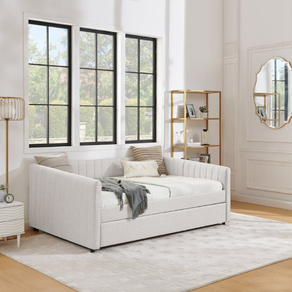 English Elm Full Size Linen Upholstered Daybed with Trundle Striped Sofa Sleeper for Guest Rooms W1413S00216