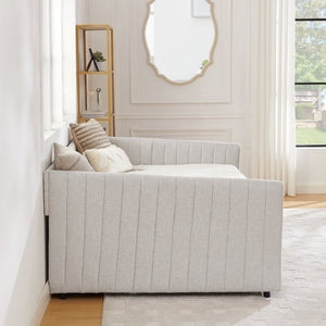English Elm Full Size Linen Upholstered Daybed with Trundle Striped Sofa Sleeper for Guest Rooms W1413S00216