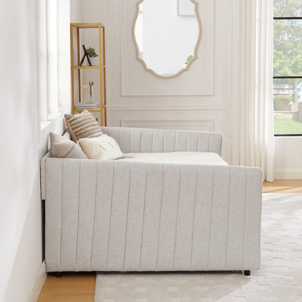 English Elm Full Size Linen Upholstered Daybed with Trundle Striped Sofa Sleeper for Guest Rooms W1413S00216