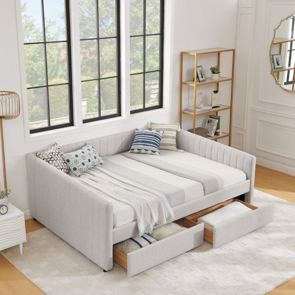 English Elm Queen Daybed with Trundle Drawers Linen Stripe Upholstery Guest Room Sofa Sleeper W1413S00217