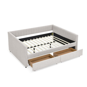 English Elm Queen Daybed with Trundle Drawers Linen Stripe Upholstery Guest Room Sofa Sleeper W1413S00217