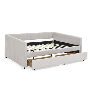 English Elm Queen Daybed with Trundle Drawers Linen Stripe Upholstery Guest Room Sofa Sleeper W1413S00217