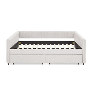 English Elm Queen Daybed with Trundle Drawers Linen Stripe Upholstery Guest Room Sofa Sleeper W1413S00217
