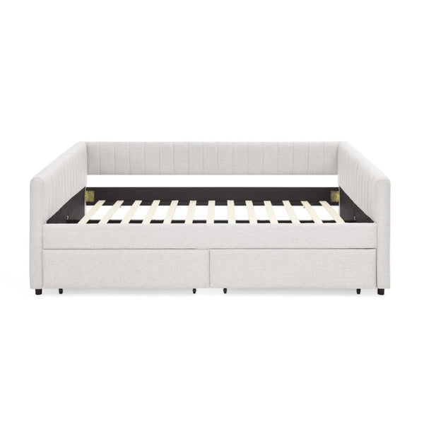English Elm Queen Daybed with Trundle Drawers Linen Stripe Upholstery Guest Room Sofa Sleeper W1413S00217