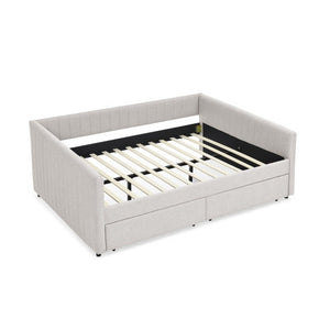 English Elm Queen Daybed with Trundle Drawers Linen Stripe Upholstery Guest Room Sofa Sleeper W1413S00217