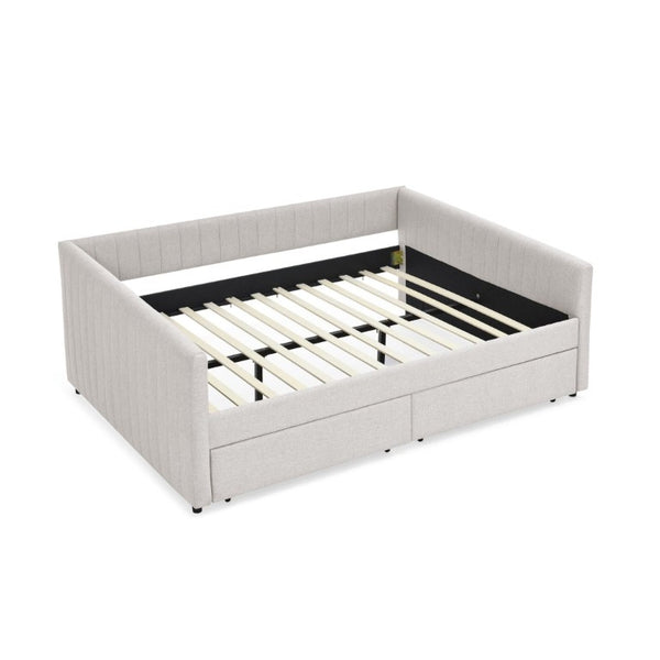 English Elm Queen Daybed with Trundle Drawers Linen Stripe Upholstery Guest Room Sofa Sleeper W1413S00217