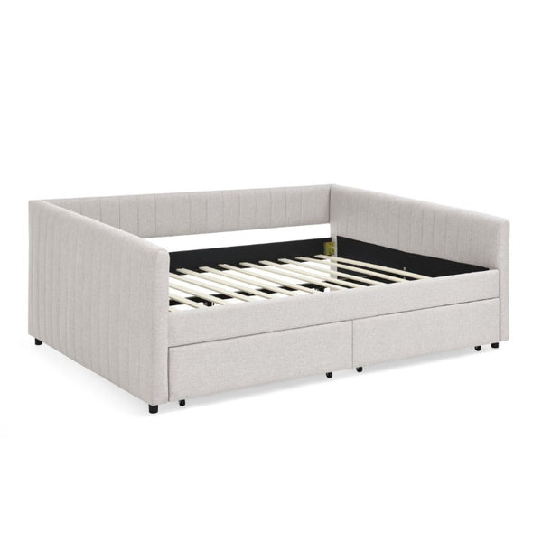 English Elm Queen Daybed with Trundle Drawers Linen Stripe Upholstery Guest Room Sofa Sleeper W1413S00217