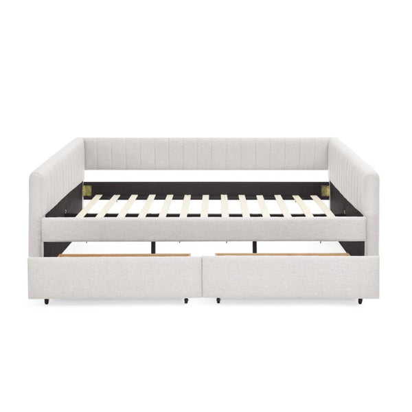 English Elm Queen Daybed with Trundle Drawers Linen Stripe Upholstery Guest Room Sofa Sleeper W1413S00217