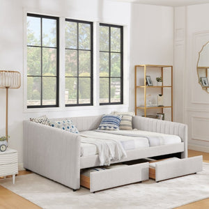 English Elm Queen Daybed with Trundle Drawers Linen Stripe Upholstery Guest Room Sofa Sleeper W1413S00217