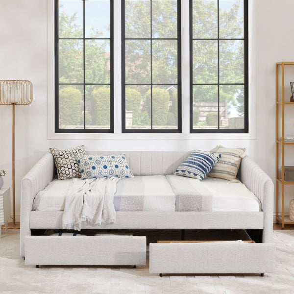 English Elm Queen Daybed with Trundle Drawers Linen Stripe Upholstery Guest Room Sofa Sleeper W1413S00217