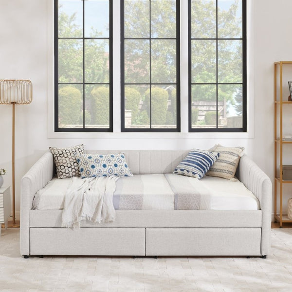 English Elm Queen Daybed with Trundle Drawers Linen Stripe Upholstery Guest Room Sofa Sleeper W1413S00217