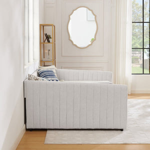 English Elm Queen Daybed with Trundle Drawers Linen Stripe Upholstery Guest Room Sofa Sleeper W1413S00217