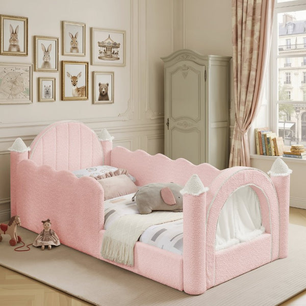 English Elm Twin Kids Boucle Upholstered Bed Solid Wood Frame with Full Guardrails Sculpted Silhouette Pink Castle Bed W1413S00218