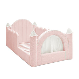 English Elm Twin Kids Boucle Upholstered Bed Solid Wood Frame with Full Guardrails Sculpted Silhouette Pink Castle Bed W1413S00218