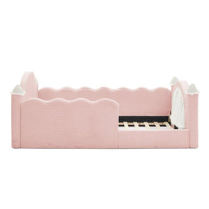 English Elm Twin Kids Boucle Upholstered Bed Solid Wood Frame with Full Guardrails Sculpted Silhouette Pink Castle Bed W1413S00218