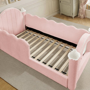 English Elm Twin Kids Boucle Upholstered Bed Solid Wood Frame with Full Guardrails Sculpted Silhouette Pink Castle Bed W1413S00218