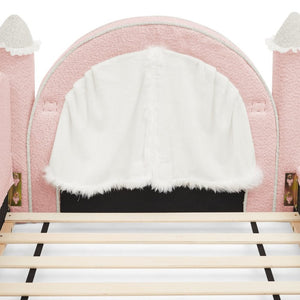 English Elm Twin Kids Boucle Upholstered Bed Solid Wood Frame with Full Guardrails Sculpted Silhouette Pink Castle Bed W1413S00218