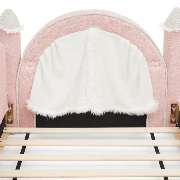 English Elm Twin Kids Boucle Upholstered Bed Solid Wood Frame with Full Guardrails Sculpted Silhouette Pink Castle Bed W1413S00218