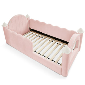 English Elm Twin Kids Boucle Upholstered Bed Solid Wood Frame with Full Guardrails Sculpted Silhouette Pink Castle Bed W1413S00218