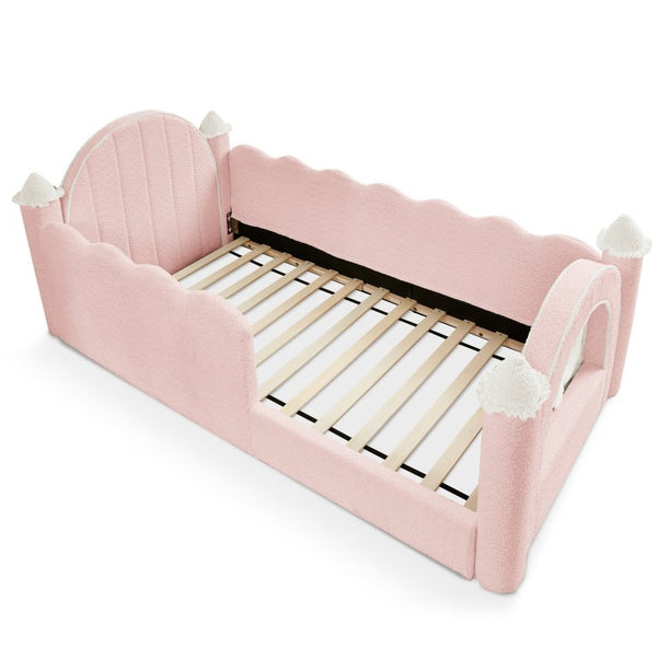 English Elm Twin Kids Boucle Upholstered Bed Solid Wood Frame with Full Guardrails Sculpted Silhouette Pink Castle Bed W1413S00218