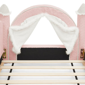 English Elm Twin Kids Boucle Upholstered Bed Solid Wood Frame with Full Guardrails Sculpted Silhouette Pink Castle Bed W1413S00218